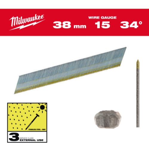 Gwoździe wykończeniowe, 15G, 34°, głowa typu D - Inox 15G / 34° / 38 mm / SC3 - 2.500 pc