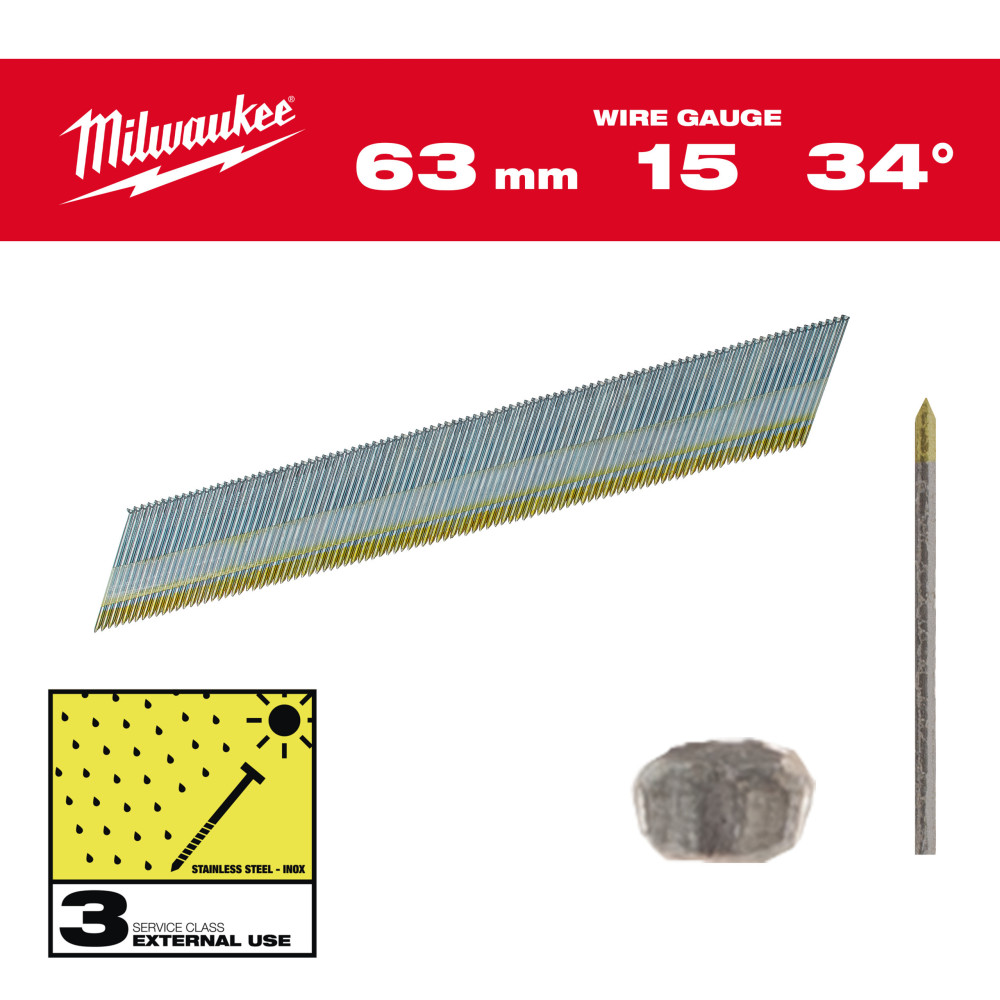 Gwoździe wykończeniowe, 15G, 34°, głowa typu D - Inox 15G / 34° / 63 mm / SC3 - 2.200 pc